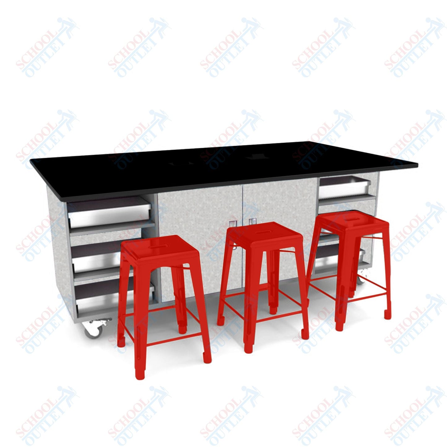 CEF ED Double Table 36"H Tough Top, Laminate Base with 6 Stools, Storage bins, and Electrical Outlets Included. - SchoolOutlet