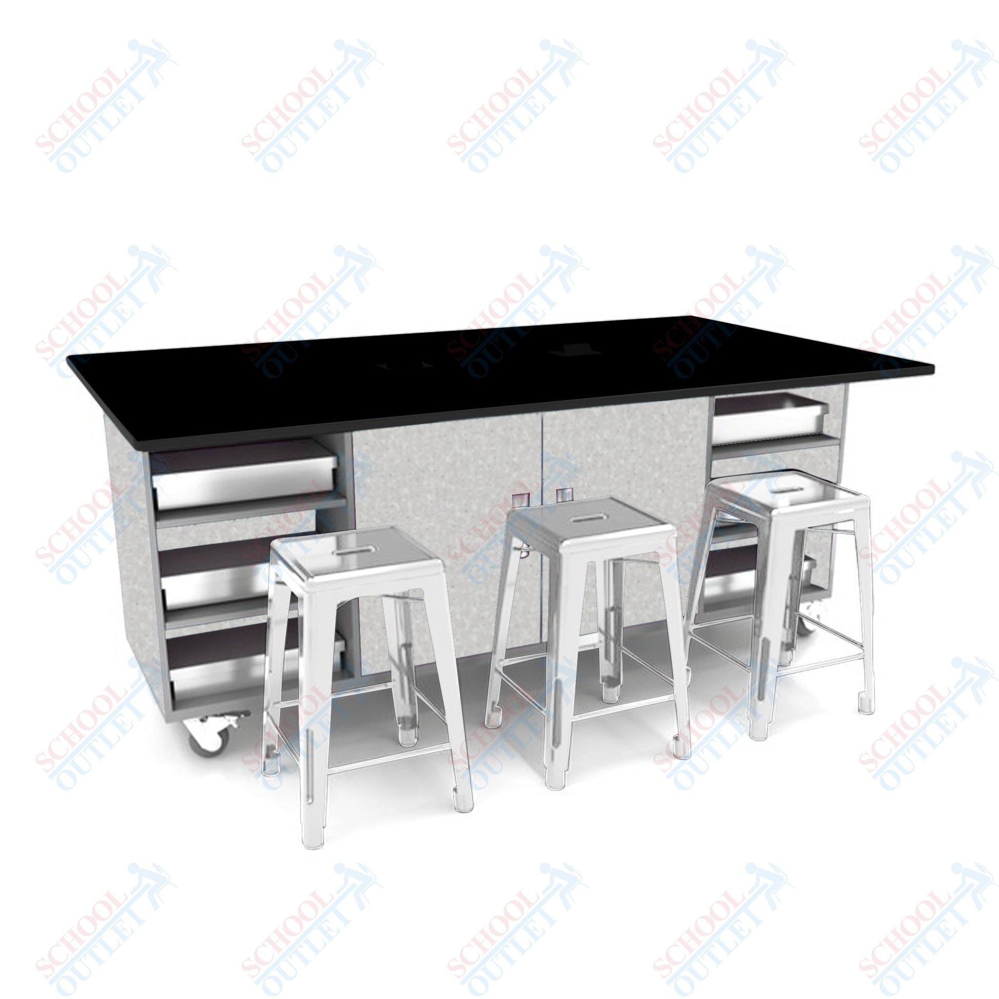 CEF ED Double Table 36"H Tough Top, Laminate Base with 6 Stools, Storage bins, and Electrical Outlets Included. - SchoolOutlet