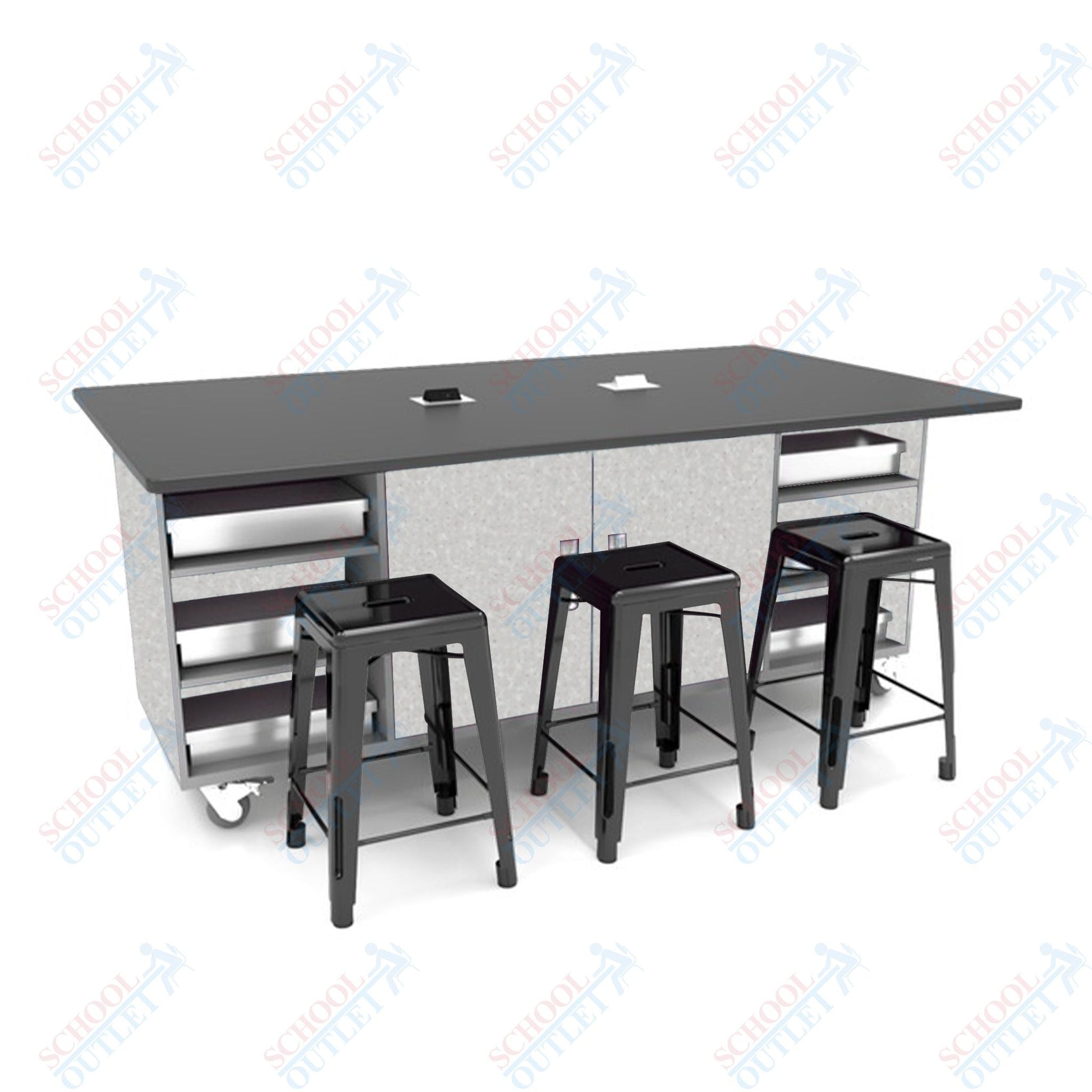 CEF ED Double Table 36"H Tough Top, Laminate Base with 6 Stools, Storage bins, and Electrical Outlets Included. - SchoolOutlet