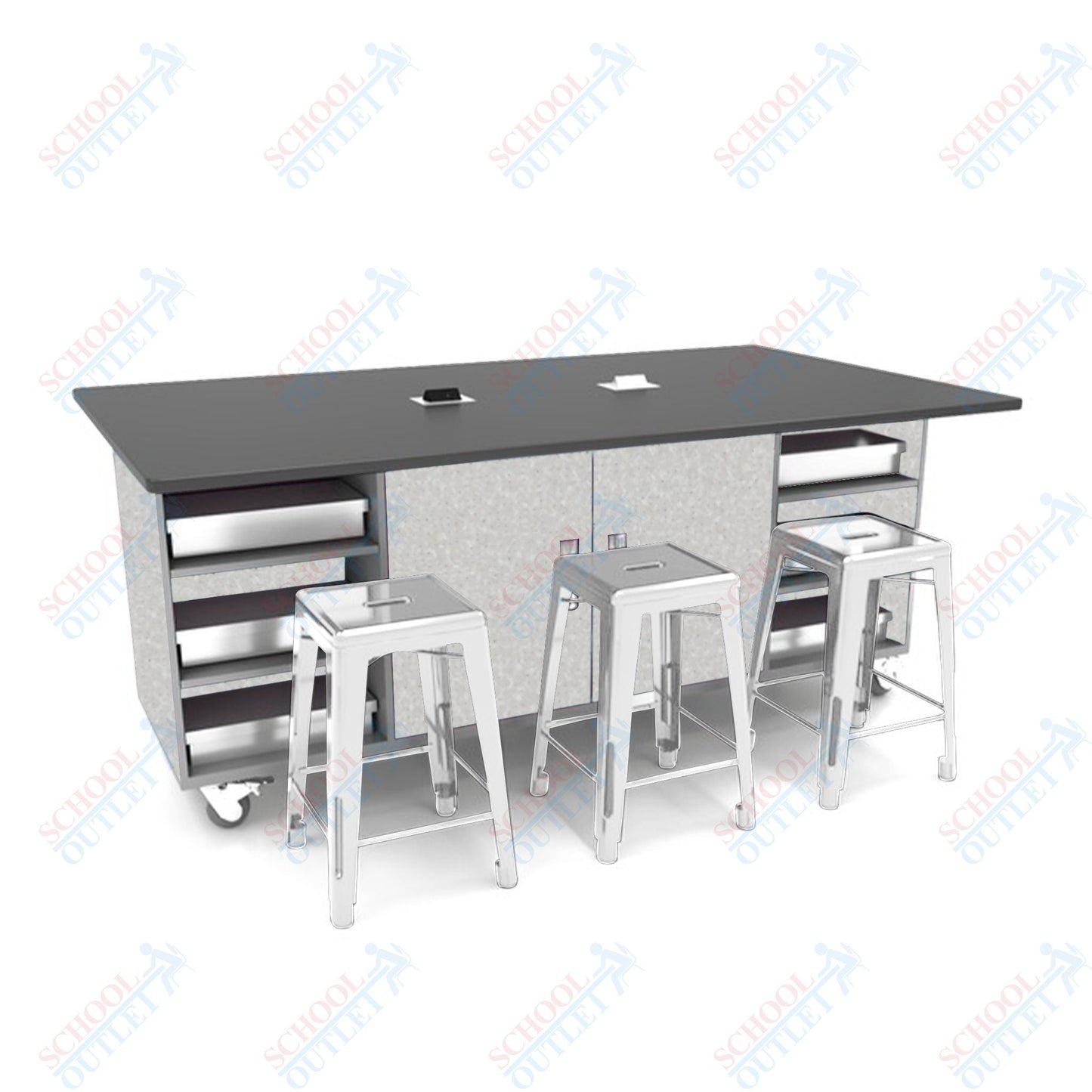 CEF ED Double Table 36"H Tough Top, Laminate Base with 6 Stools, Storage bins, and Electrical Outlets Included. - SchoolOutlet