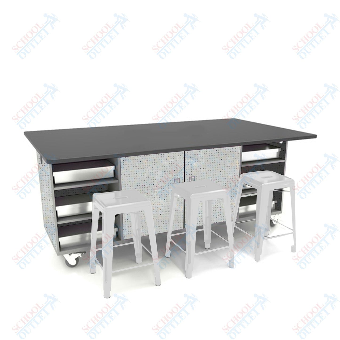 CEF ED Double Table 36"H Chemical Resistant Top, Laminate Base with 6 Stools, Storage bins, and Electrical Outlets Included. - SchoolOutlet