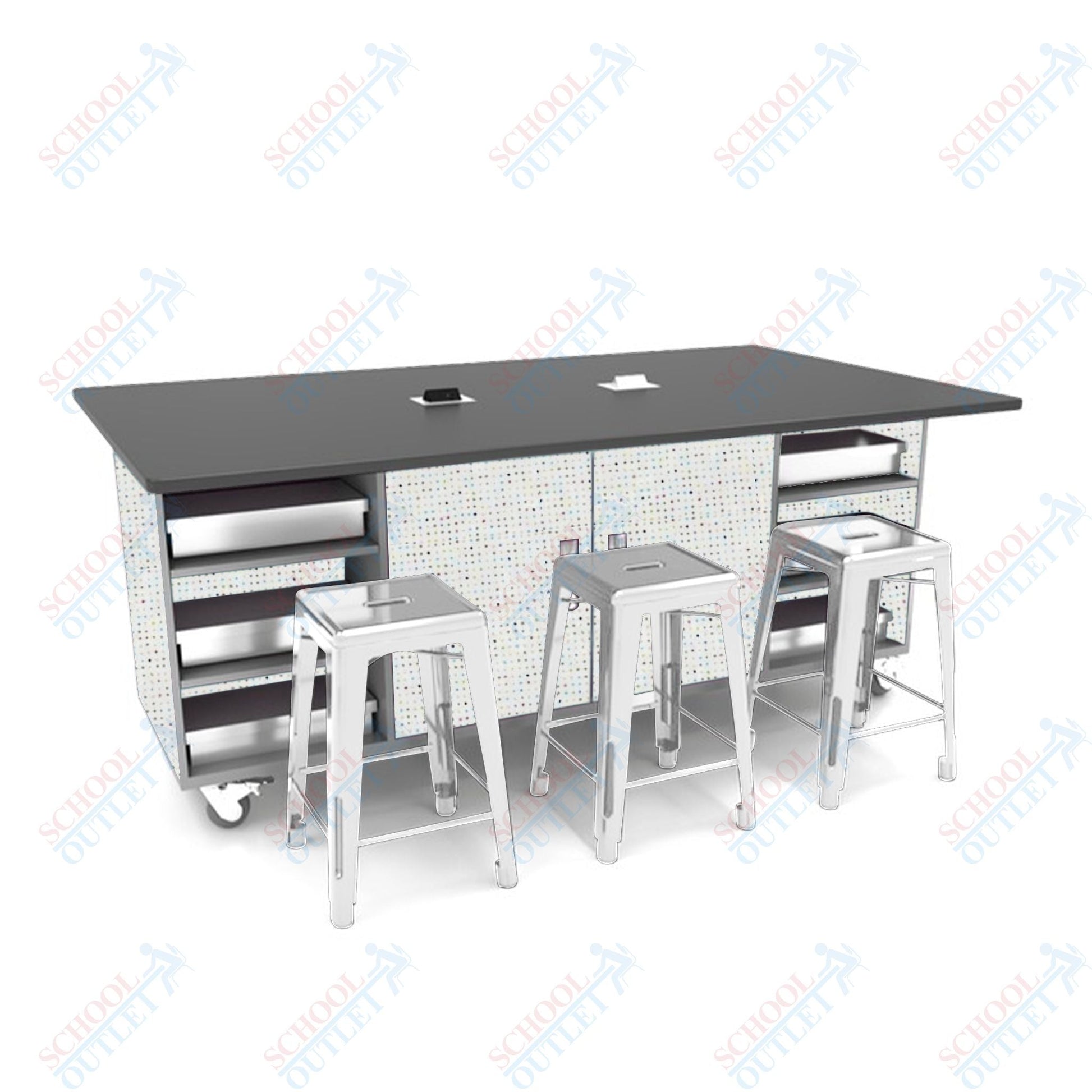 CEF ED Double Table 36"H Tough Top, Laminate Base with 6 Stools, Storage bins, and Electrical Outlets Included. - SchoolOutlet