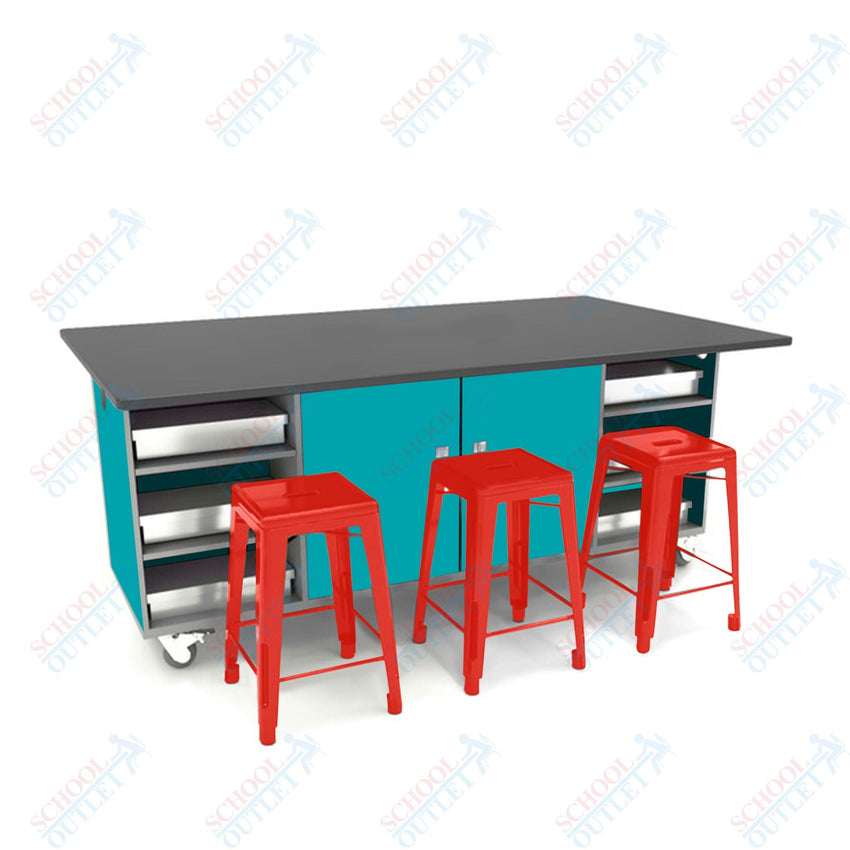 CEF ED Double Table 36"H Chemical Resistant Top, Laminate Base with 6 Stools, Storage bins, and Electrical Outlets Included. - SchoolOutlet