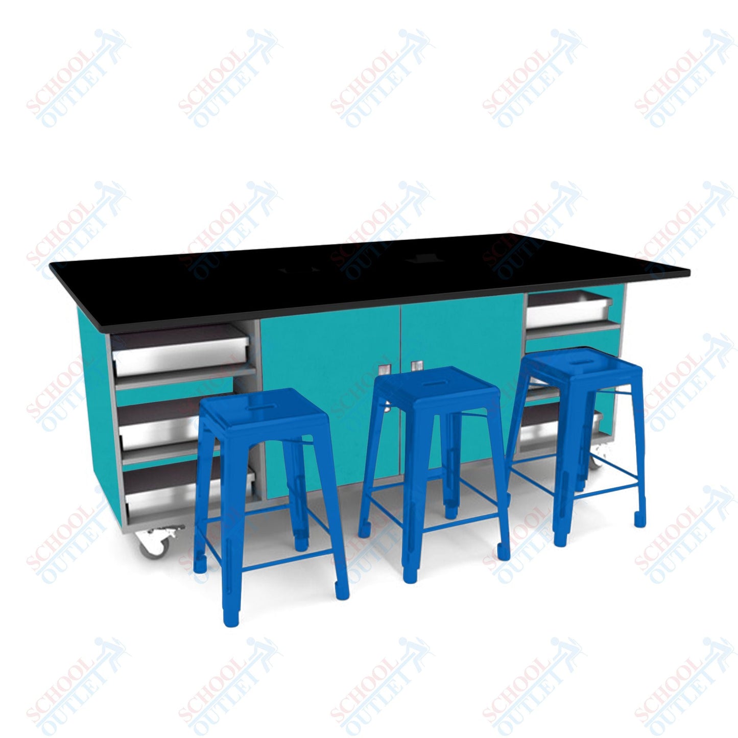 CEF ED Double Table 36"H Tough Top, Laminate Base with 6 Stools, Storage bins, and Electrical Outlets Included. - SchoolOutlet