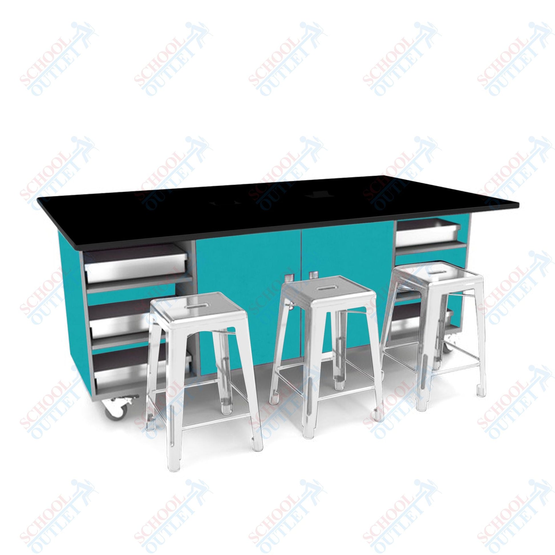 CEF ED Double Table 36"H Tough Top, Laminate Base with 6 Stools, Storage bins, and Electrical Outlets Included. - SchoolOutlet