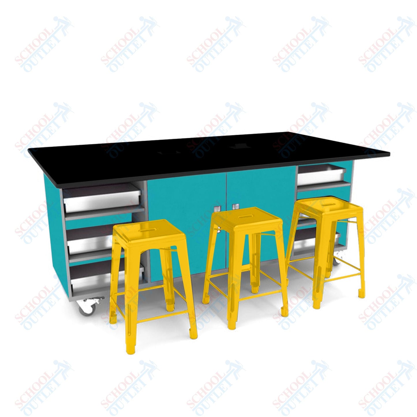 CEF ED Double Table 36"H Tough Top, Laminate Base with 6 Stools, Storage bins, and Electrical Outlets Included. - SchoolOutlet