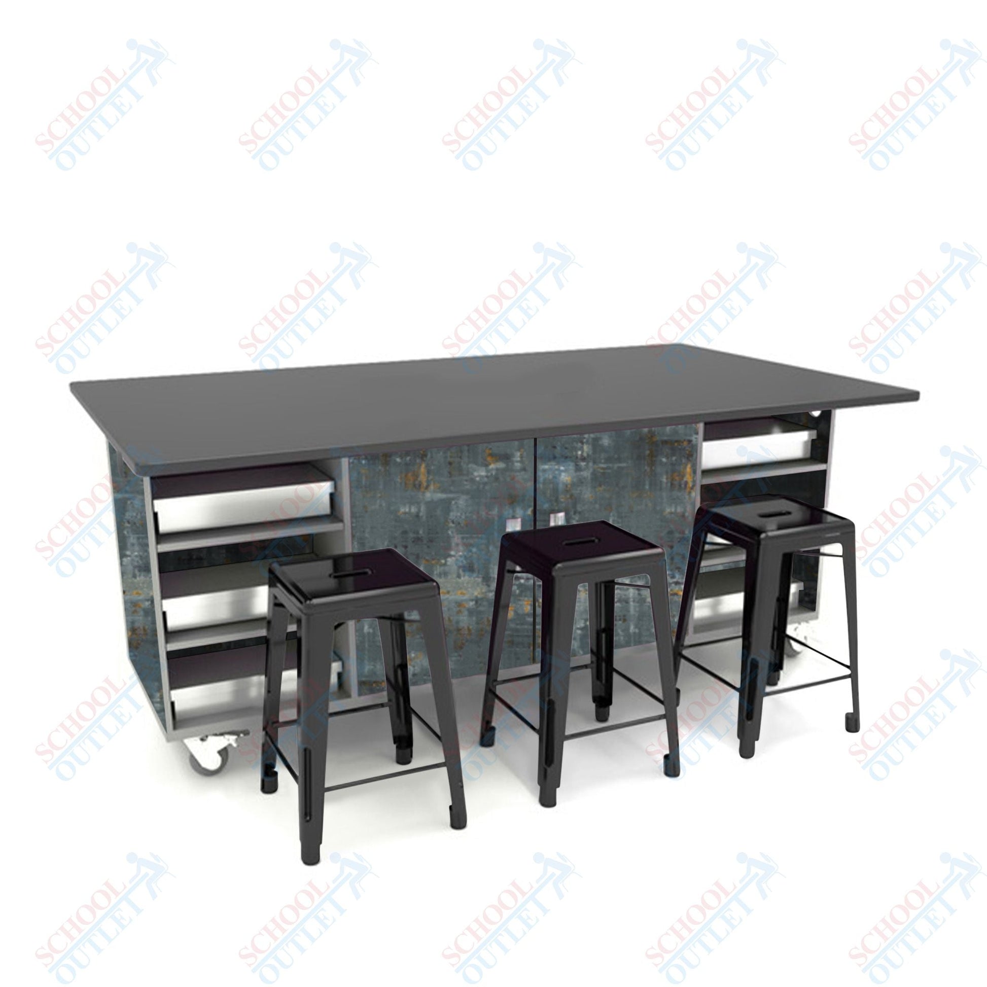 CEF ED Double Table 36"H Chemical Resistant Top, Laminate Base with 6 Stools, Storage bins, and Electrical Outlets Included. - SchoolOutlet