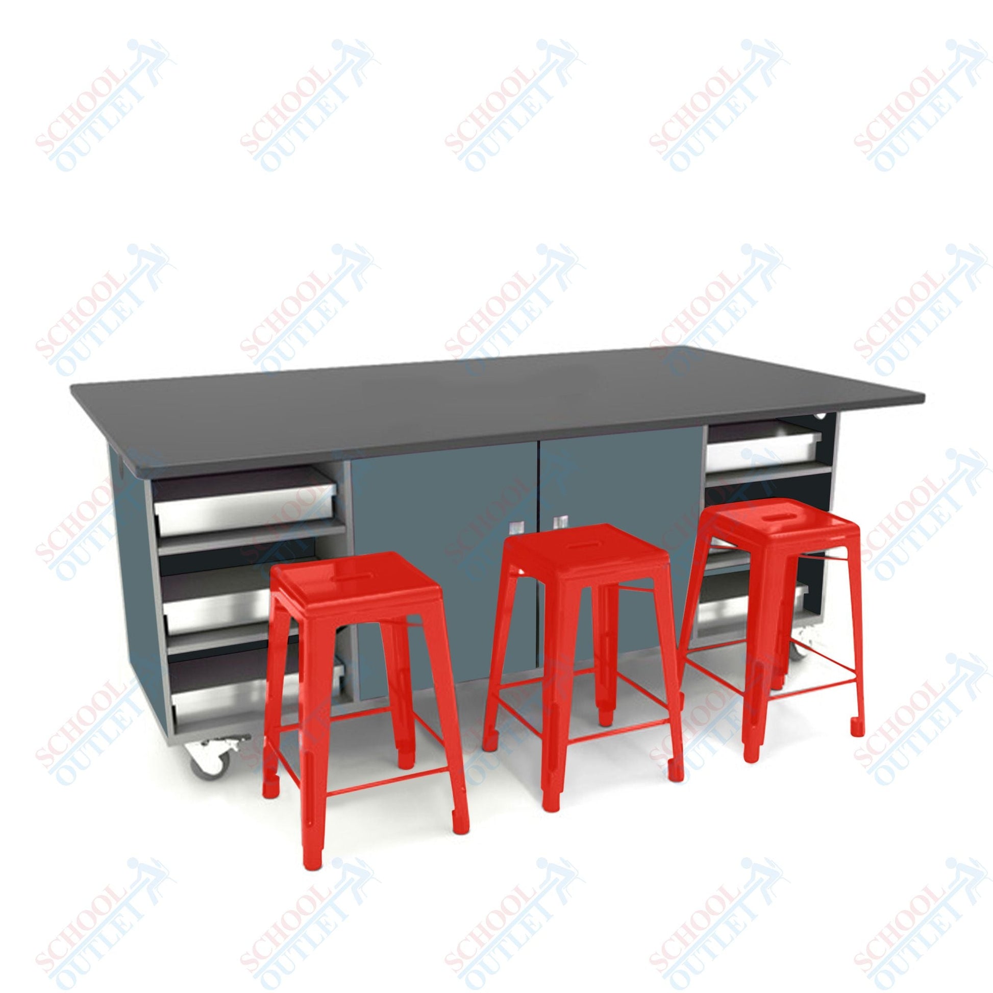 CEF ED Double Table 36"H Chemical Resistant Top, Laminate Base with 6 Stools, Storage bins, and Electrical Outlets Included. - SchoolOutlet