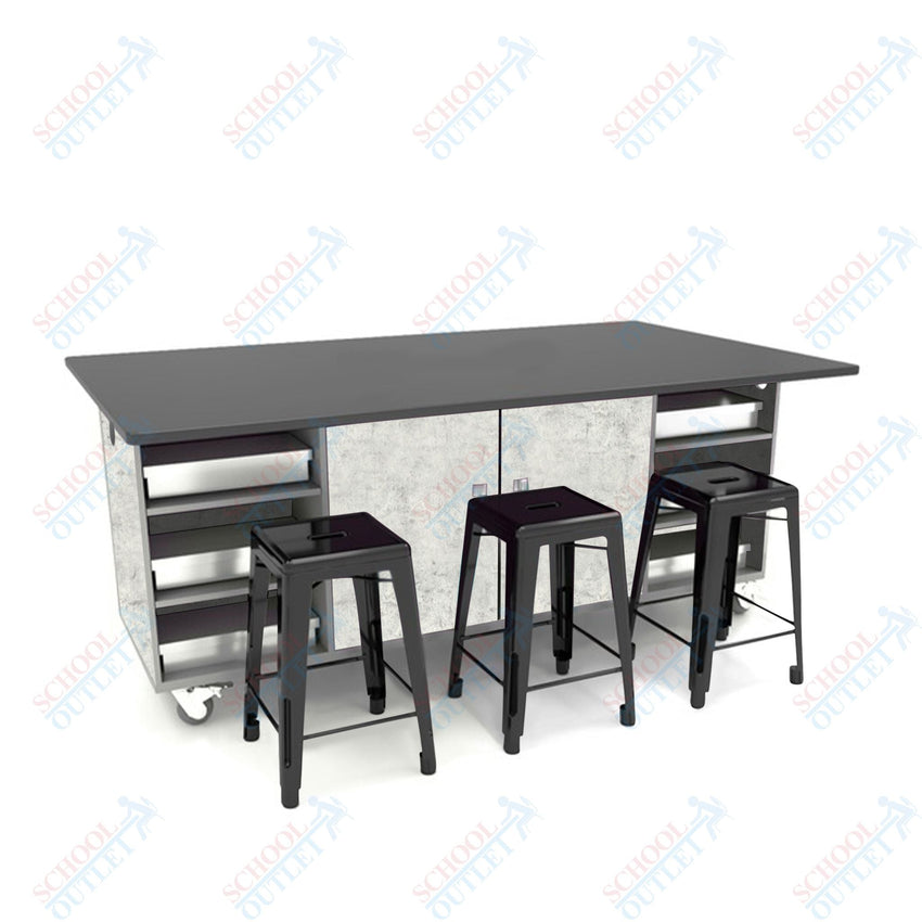 CEF ED Double Table 42"H Chemical Resistant Top, Laminate Base with 6 Stools, Storage bins, and Electrical Outlets Included. - SchoolOutlet