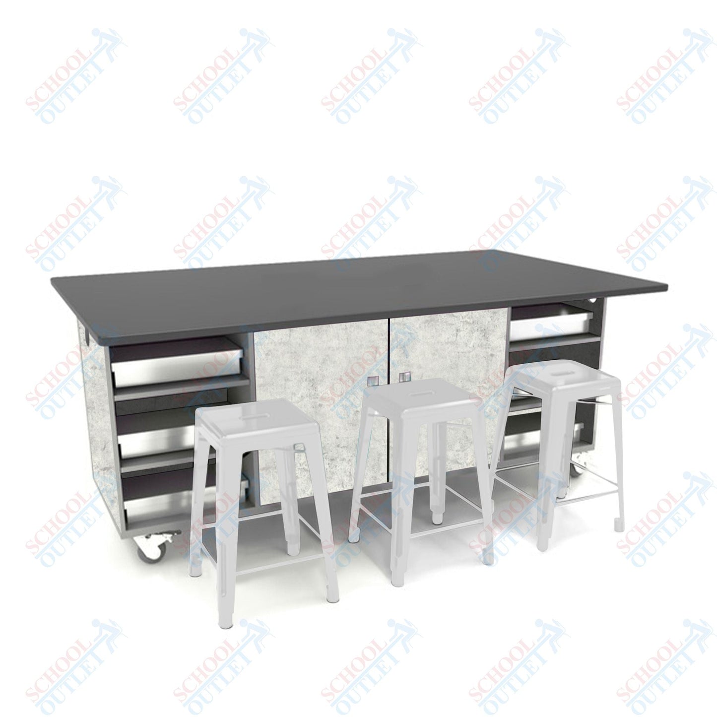 CEF ED Double Table 42"H Chemical Resistant Top, Laminate Base with 6 Stools, Storage bins, and Electrical Outlets Included. - SchoolOutlet