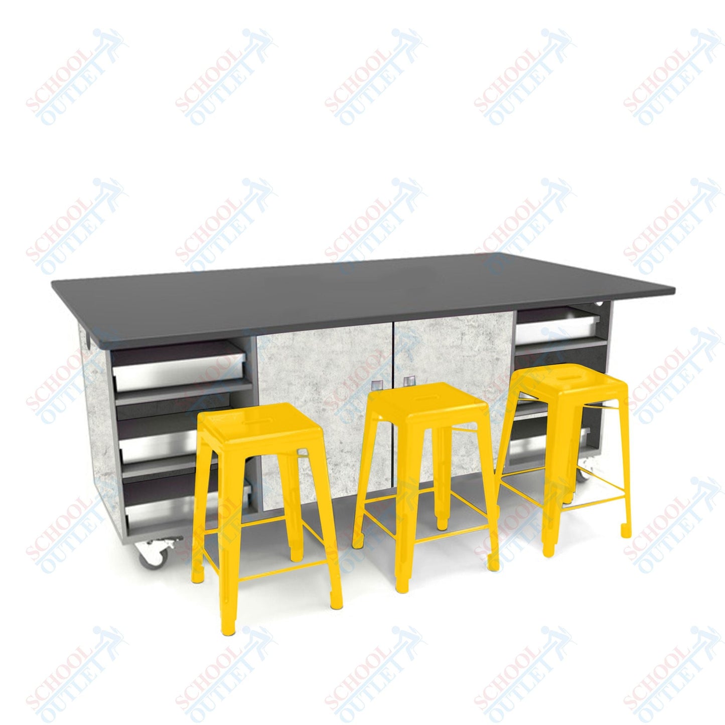 CEF ED Double Table 42"H Chemical Resistant Top, Laminate Base with 6 Stools, Storage bins, and Electrical Outlets Included. - SchoolOutlet