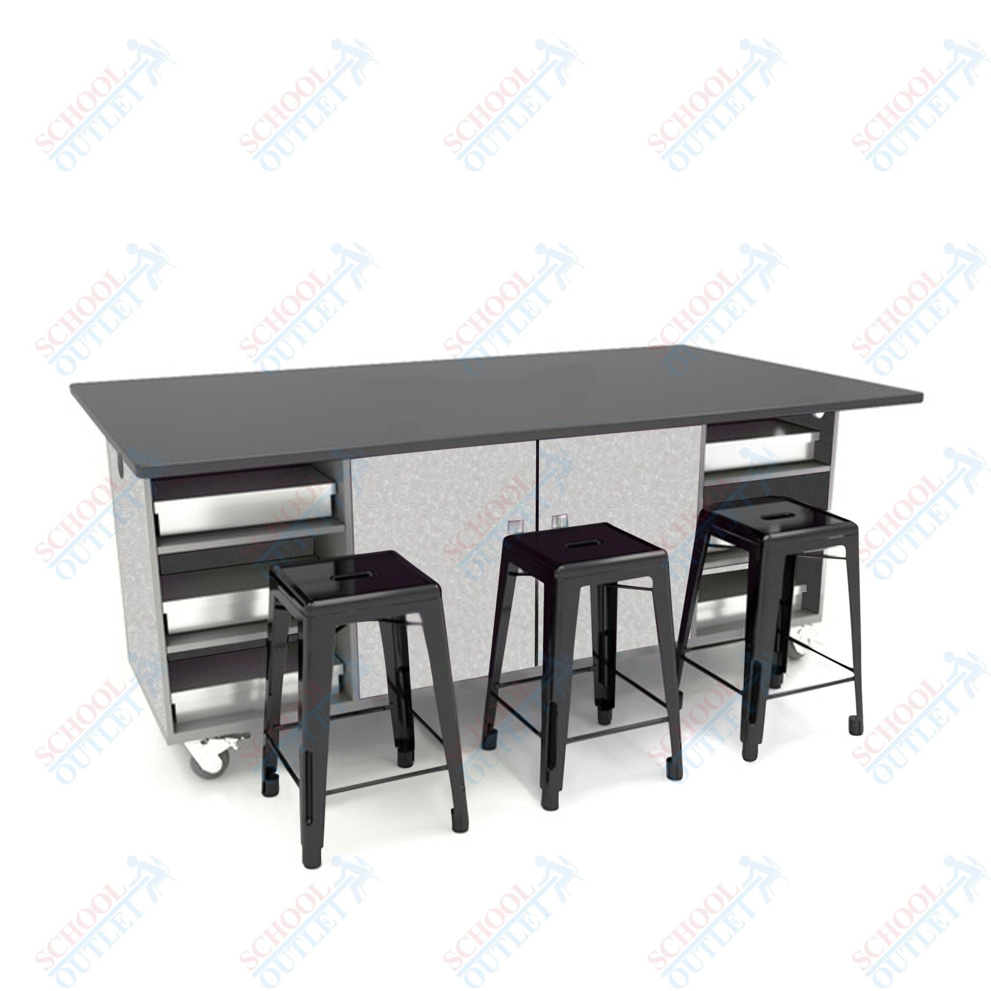 CEF ED Double Table 42"H Chemical Resistant Top, Laminate Base with 6 Stools, Storage bins, and Electrical Outlets Included. - SchoolOutlet