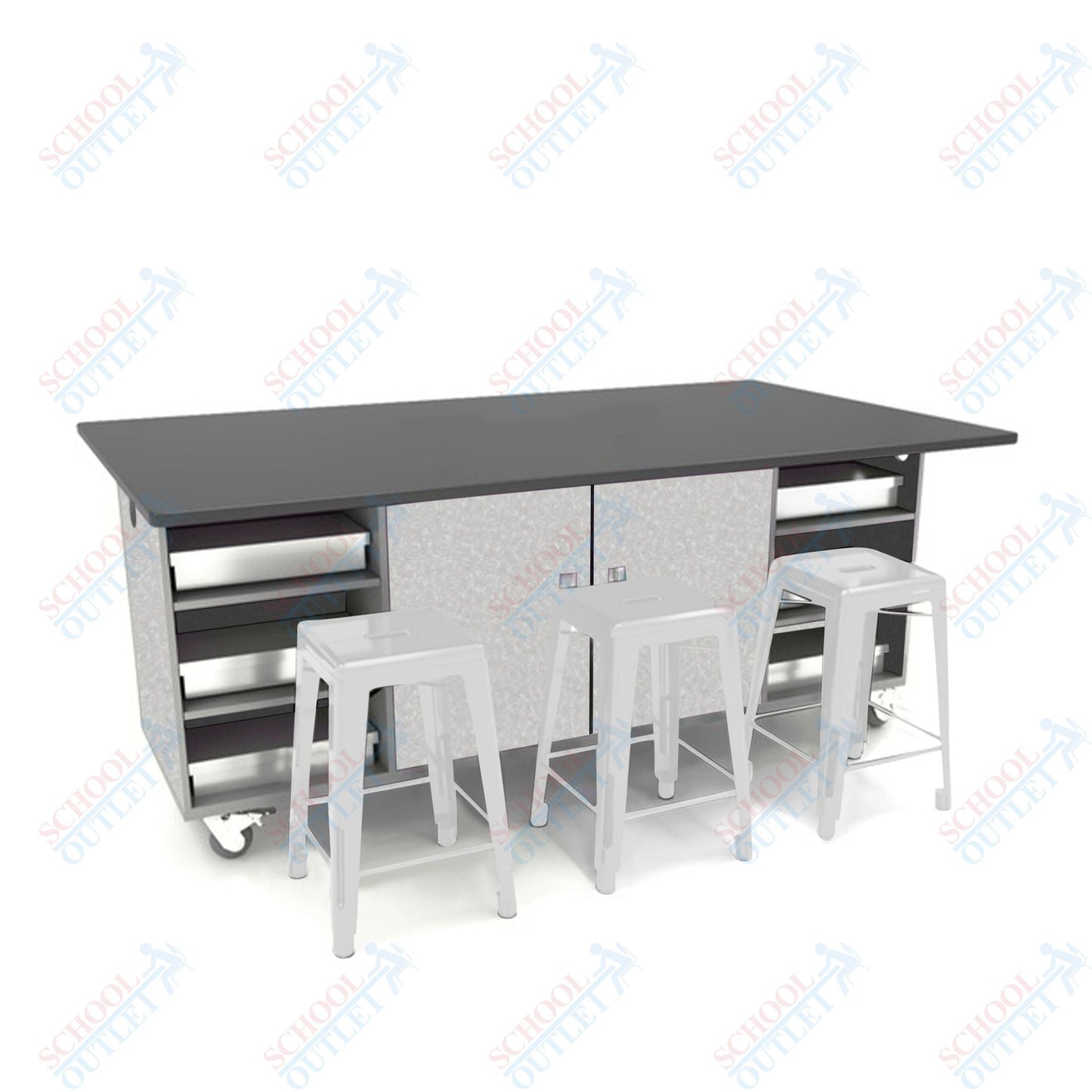 CEF ED Double Table 42"H Chemical Resistant Top, Laminate Base with 6 Stools, Storage bins, and Electrical Outlets Included. - SchoolOutlet