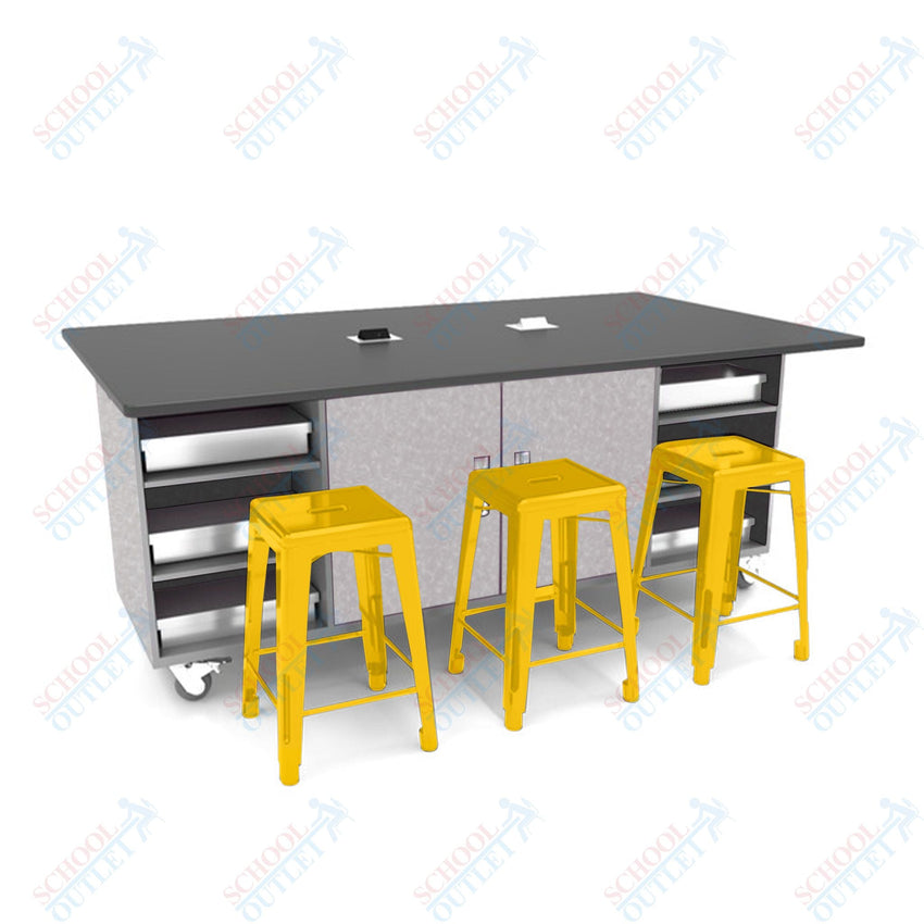 CEF ED Double Table 42"H Tough Top, Laminate Base with 6 Stools, Storage bins, and Electrical Outlets Included. - SchoolOutlet