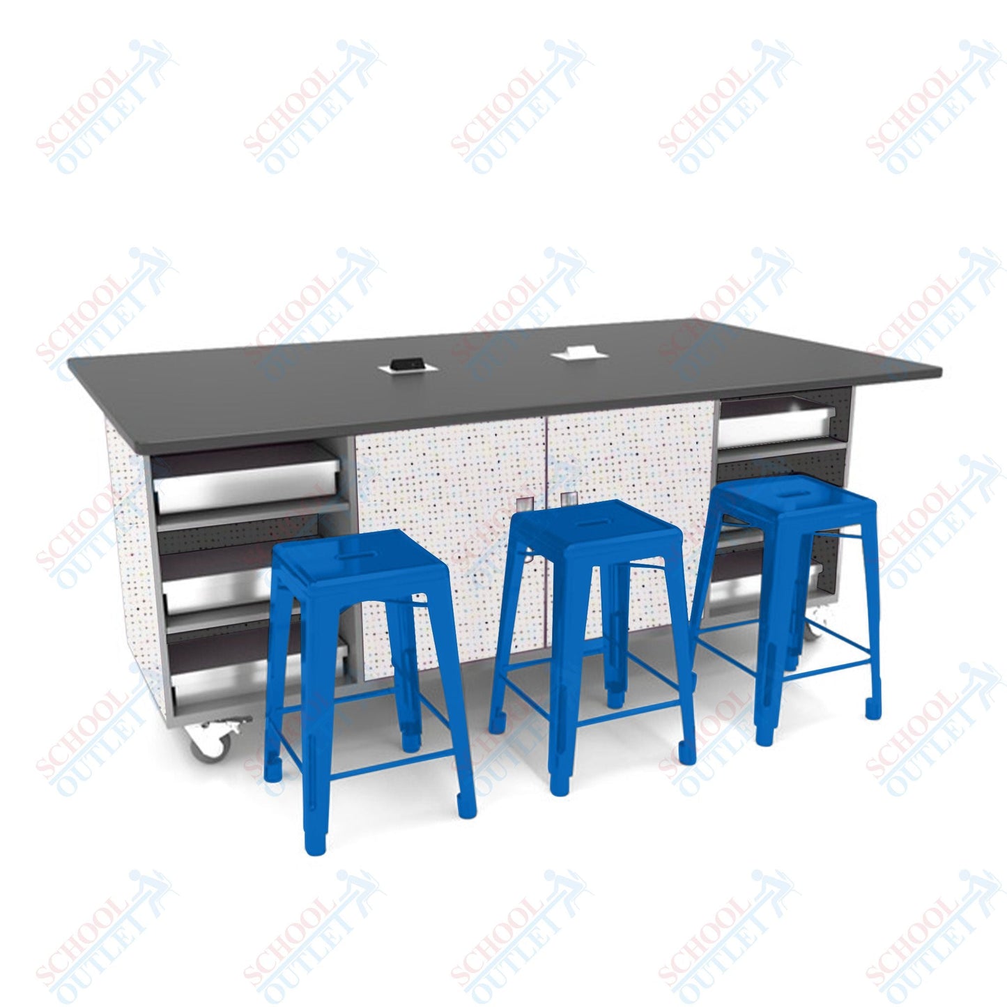 CEF ED Double Table 42"H Tough Top, Laminate Base with 6 Stools, Storage bins, and Electrical Outlets Included. - SchoolOutlet