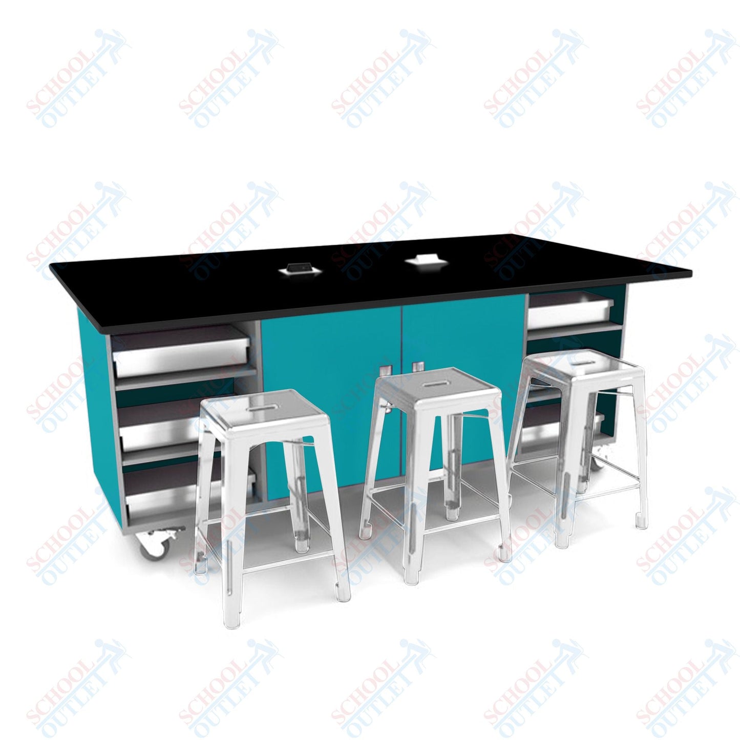 CEF ED Double Table 42"H Tough Top, Laminate Base with 6 Stools, Storage bins, and Electrical Outlets Included. - SchoolOutlet