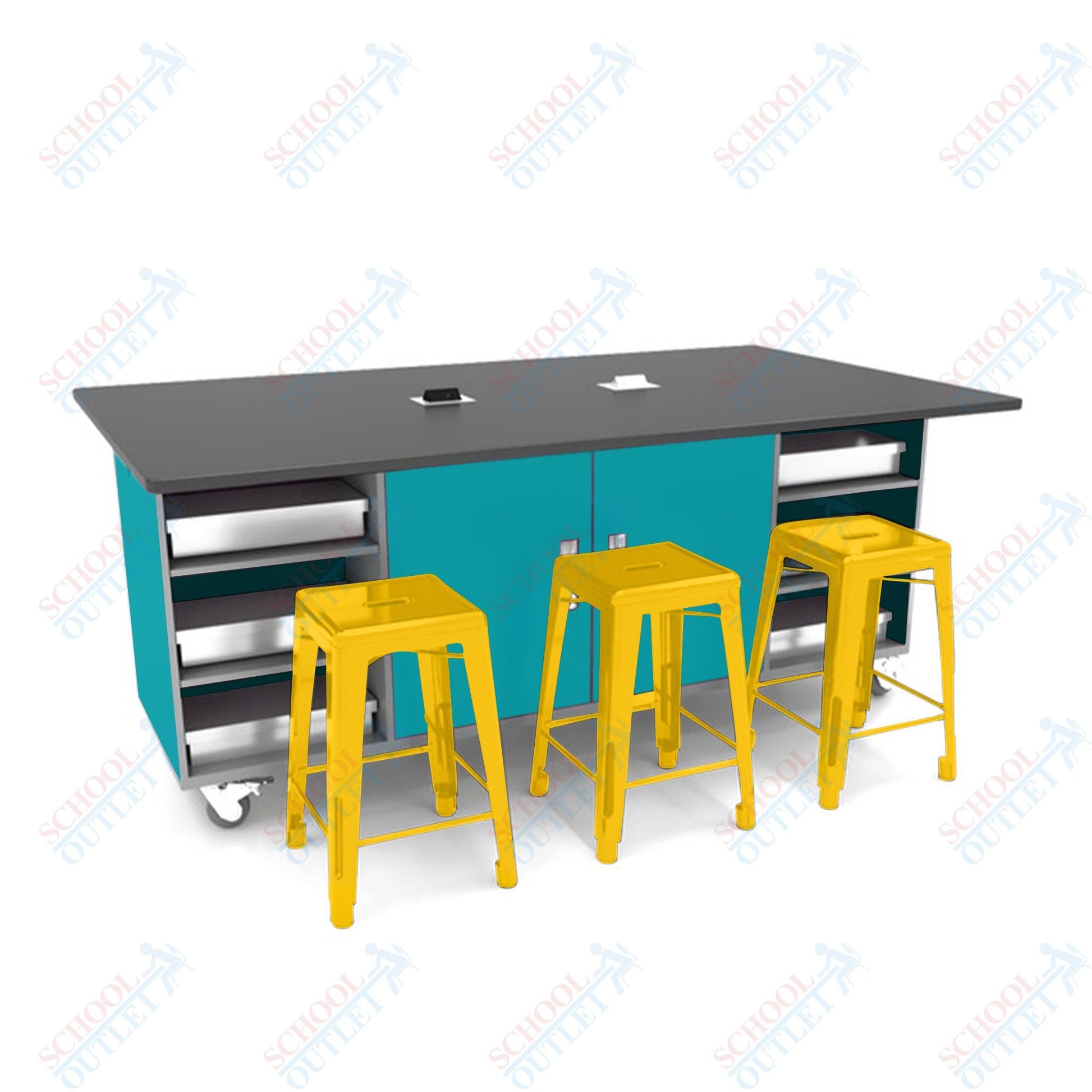 CEF ED Double Table 42"H Tough Top, Laminate Base with 6 Stools, Storage bins, and Electrical Outlets Included. - SchoolOutlet