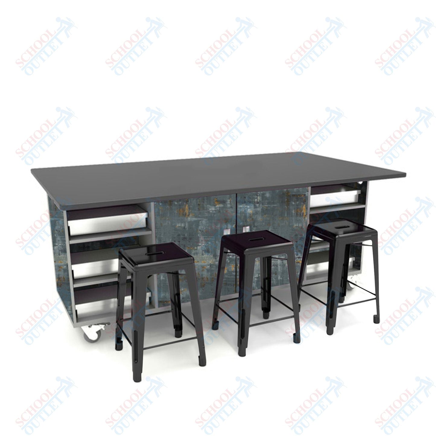 CEF ED Double Table 42"H Chemical Resistant Top, Laminate Base with 6 Stools, Storage bins, and Electrical Outlets Included. - SchoolOutlet