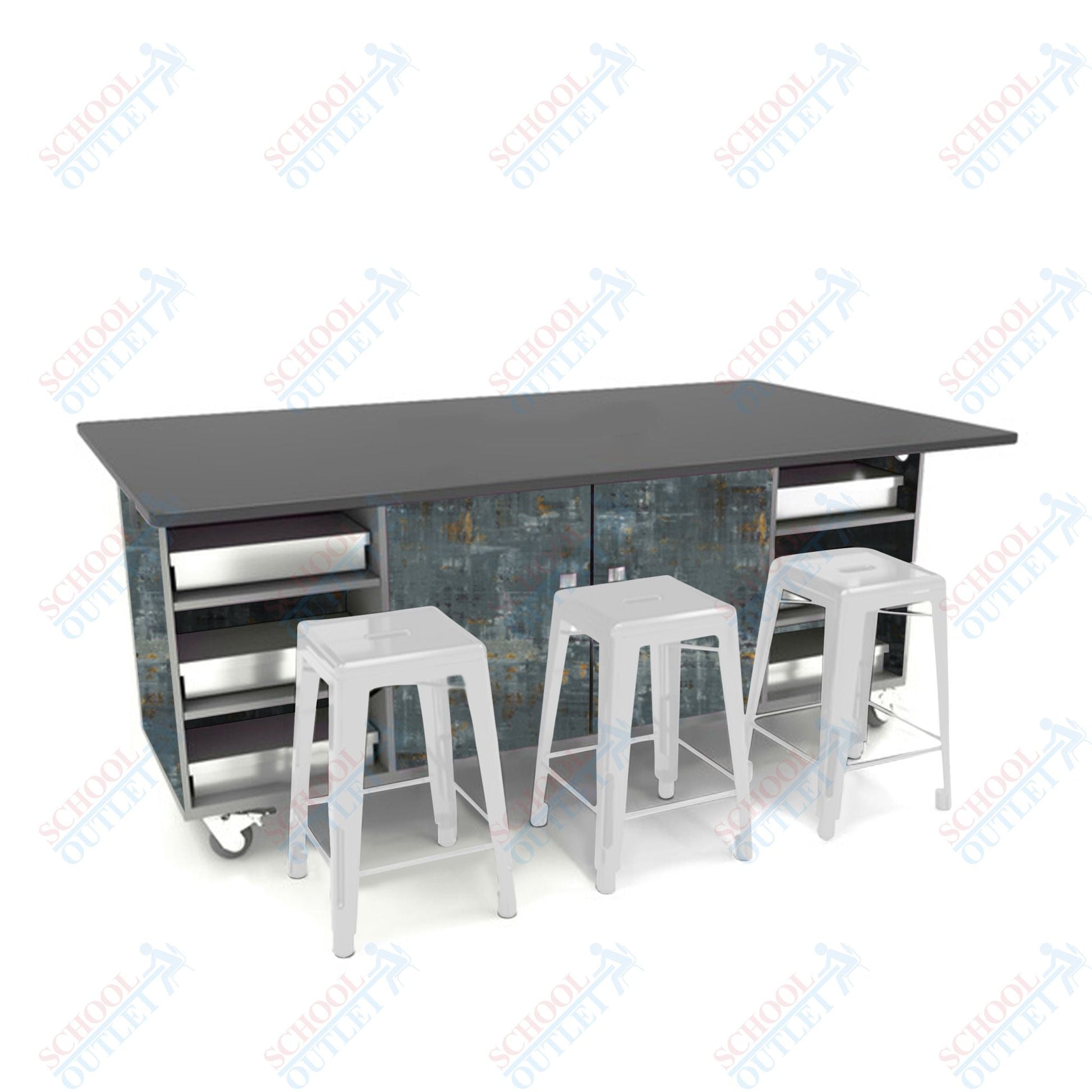 CEF ED Double Table 42"H Chemical Resistant Top, Laminate Base with 6 Stools, Storage bins, and Electrical Outlets Included. - SchoolOutlet