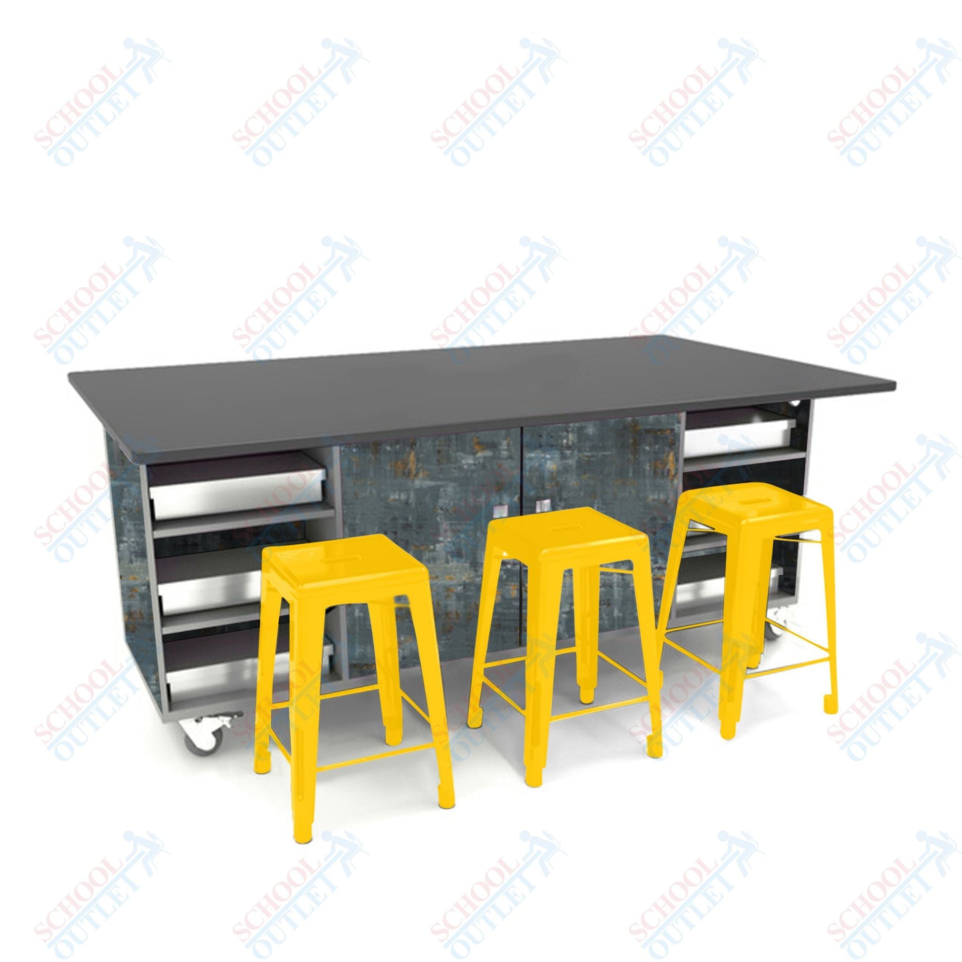 CEF ED Double Table 42"H Chemical Resistant Top, Laminate Base with 6 Stools, Storage bins, and Electrical Outlets Included. - SchoolOutlet