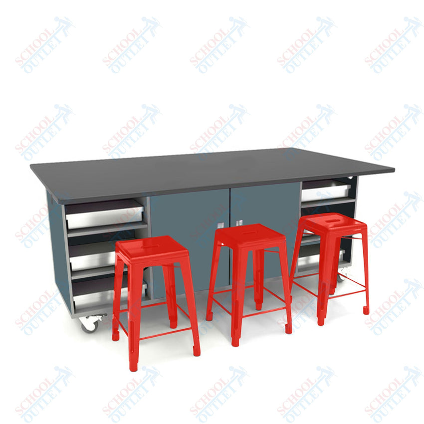 CEF ED Double Table 42"H Chemical Resistant Top, Laminate Base with 6 Stools, Storage bins, and Electrical Outlets Included. - SchoolOutlet