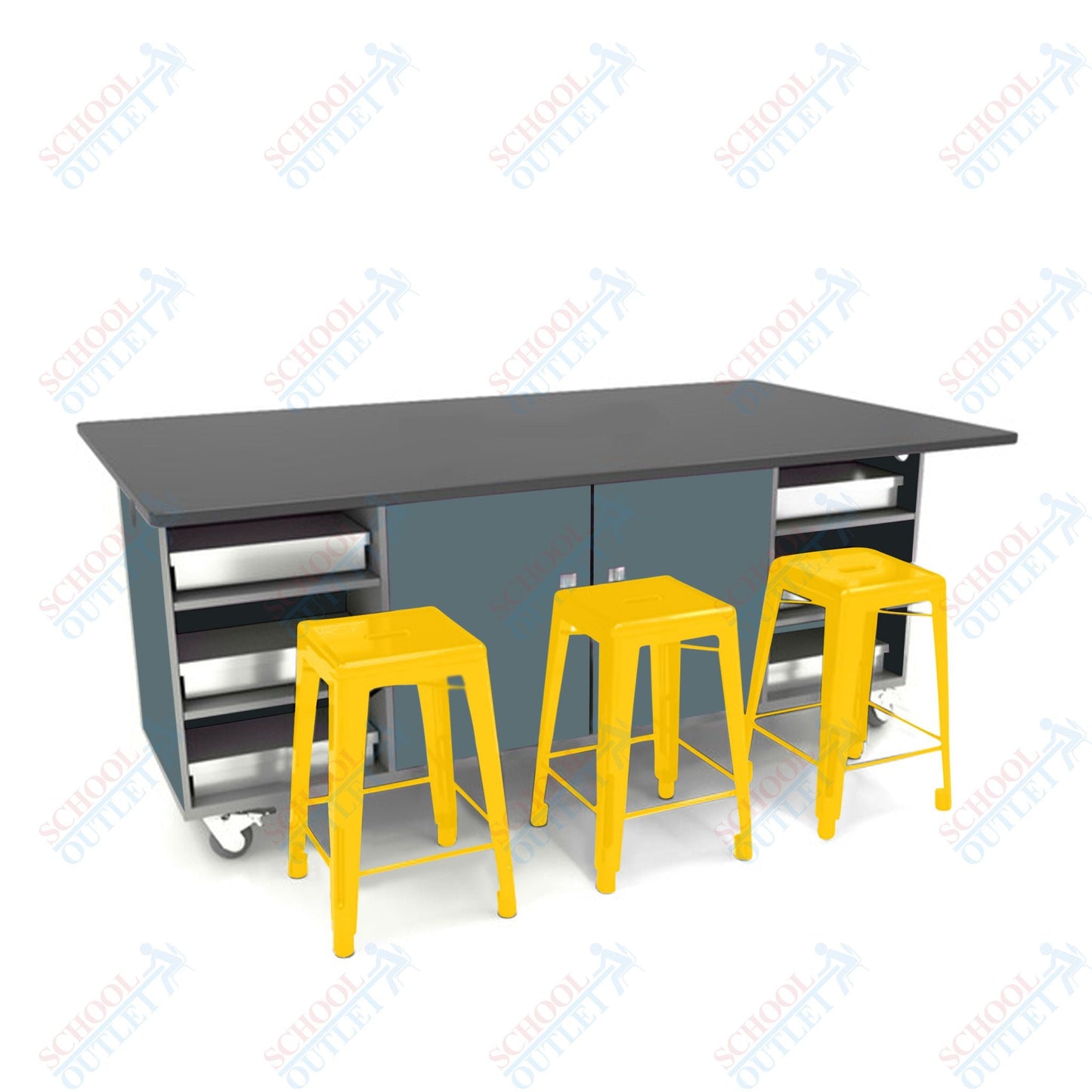 CEF ED Double Table 42"H Chemical Resistant Top, Laminate Base with 6 Stools, Storage bins, and Electrical Outlets Included. - SchoolOutlet