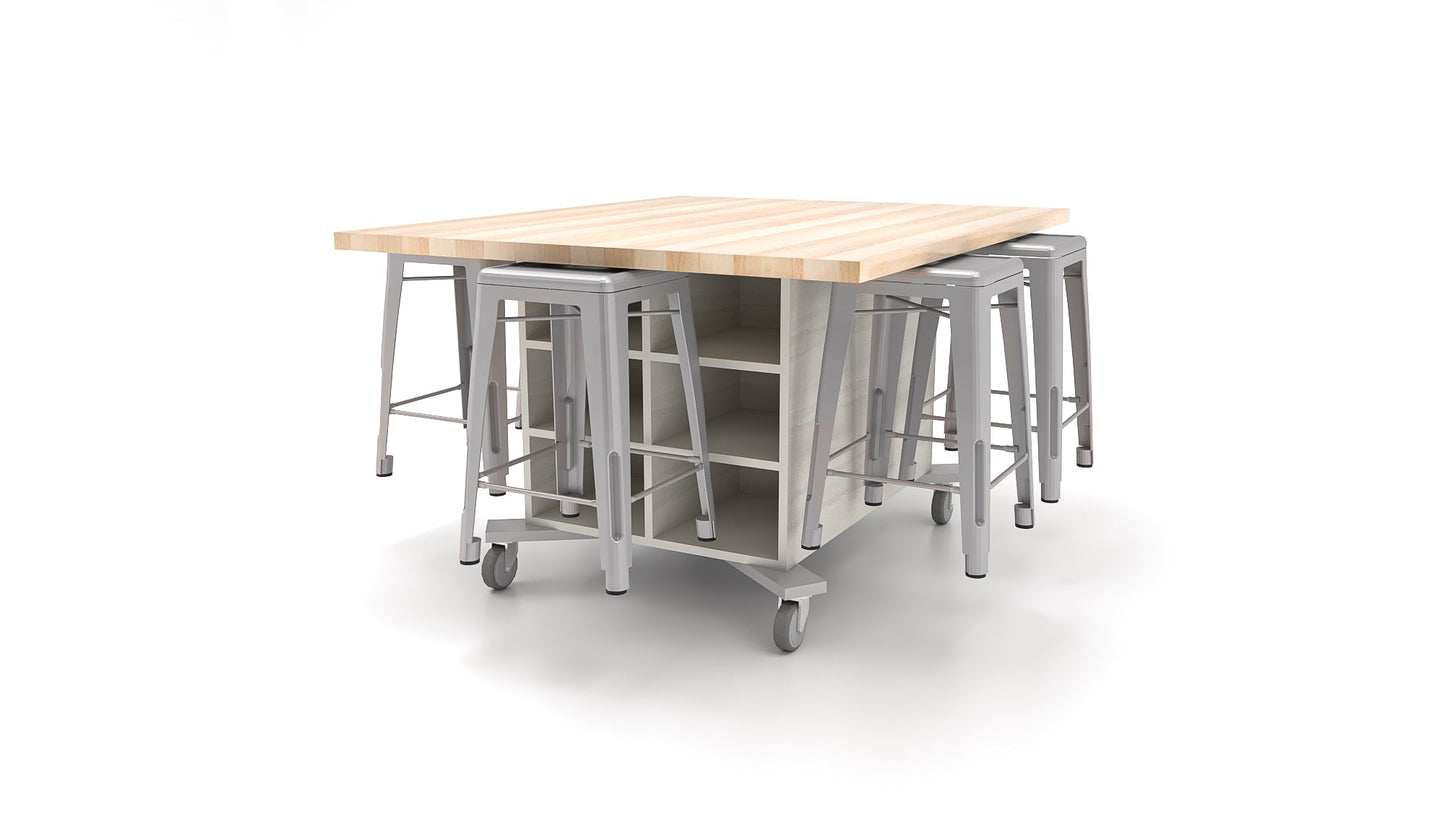 CEF Hideaway Storage Table 34"H - Double Sided Storage with Two Split Shelves and 10 Bins, Solid Maple Butcher Block Top 49"W x 60"D and 6 Metal Stools Included - SchoolOutlet
