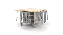 CEF Hideaway Storage Table 34"H - Double Sided Storage with Two Split Shelves and 10 Bins, Solid Maple Butcher Block Top 49"W x 60"D and 6 Metal Stools Included