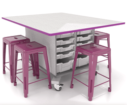 CEF Hideaway Storage Table 34"H - Double Sided Storage with Two Split Shelves and 10 Bins, High Pressure Laminate Top 49"W x 60"D and 6 Metal Stools Included