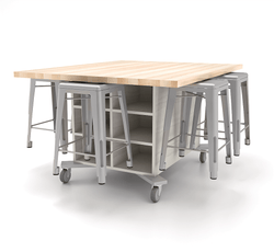 CEF Hideaway Storage Table 34"H - Double Sided Storage Cart with Two Split Shelves and a High Pressure Laminate Top 49"W x 60"D with 6 Metal Stools Included