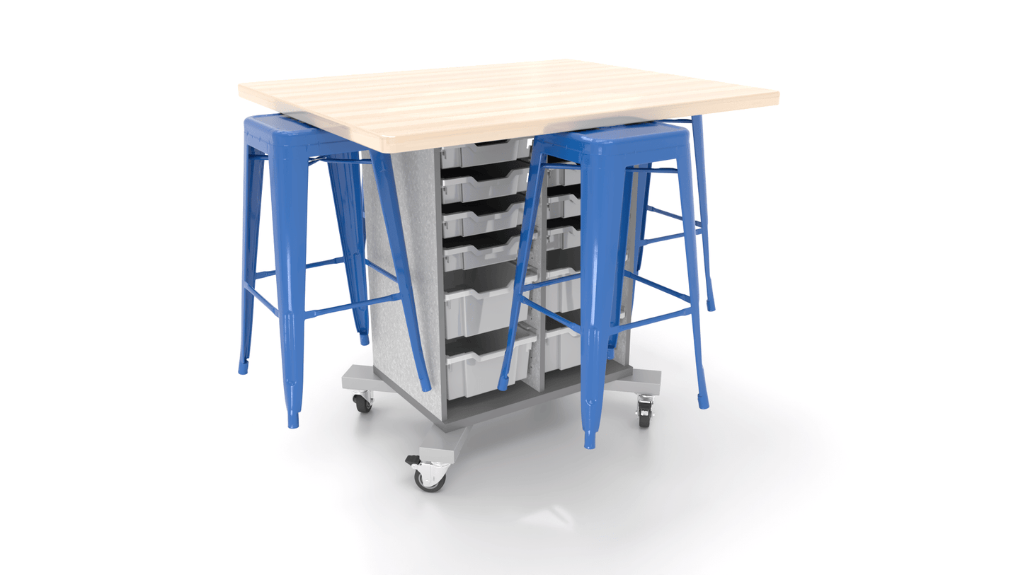 CEF Hideaway Storage Table 42"H - Single Sided 12 Bin Storage Cart and a Solid Maple Butcher Block Top 49"W x 40"D with 4 Metal Stools Included - SchoolOutlet
