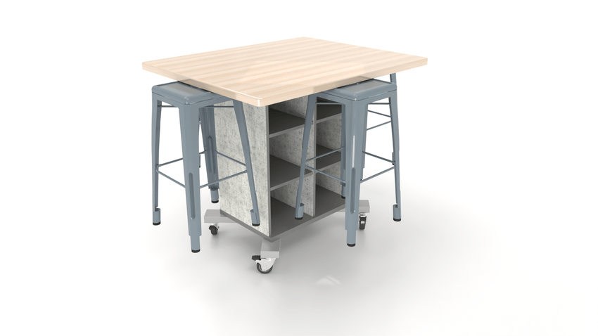 CEF Hideaway Storage Table 42"H - Single Sided Storage Cart with Split Shelves and a Solid Maple Butcher Block Top 49"W x 40"D, 4 Metal Stools Included - SchoolOutlet