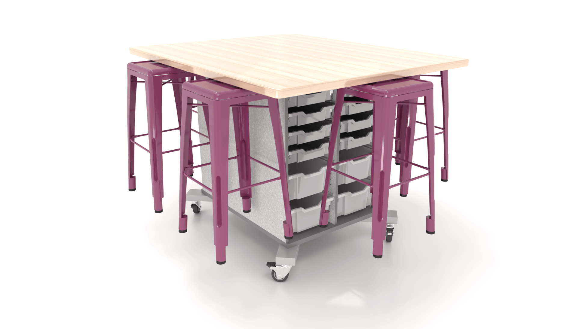 CEF Hideaway Storage Table 42"H - Double Sided 24 Bin Storage Cart and a Solid Maple Butcher Block Top 49"W x 60"D with 6 Metal Stools Included - SchoolOutlet