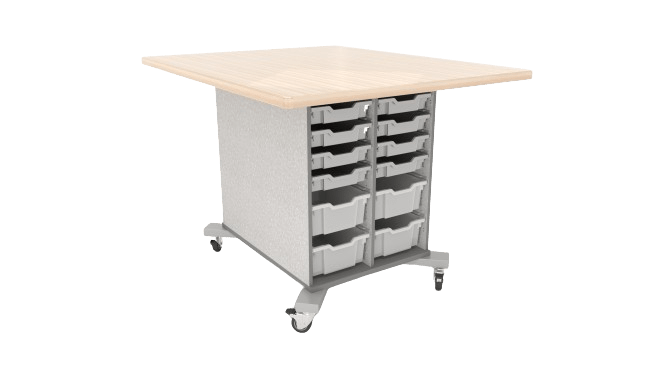 CEF Hideaway Storage Table 42"H - Double Sided Storage Cart with Split Shelves and 12 Bins and a Solid Maple Butcher Block Top 49"W x 60"D, 6 Metal Stools Included - SchoolOutlet