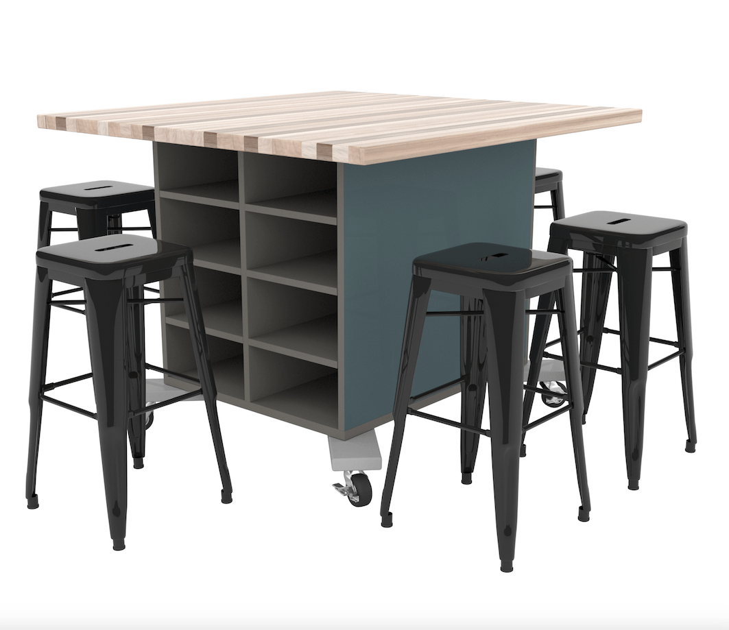 CEF Hideaway Storage Table 42"H - Double Sided Storage Cart with Split Shelves and a High Pressure Laminate Top 49"W x 60"D, 6 Metal Stools Included - SchoolOutlet