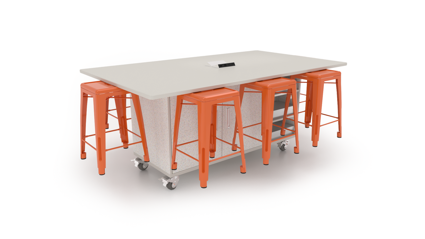 CEF ED8 Table 42"H Tough Top, Laminate Base with  8 Stools, Storage bins, and Electrical Outlets Included.