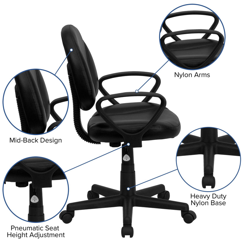 Ronald Swivel Ergonomic Task Office Chair with Mid - Back Black LeatherSoft, Back Depth Adjustment and Arms by Flash Furniture - SchoolOutlet