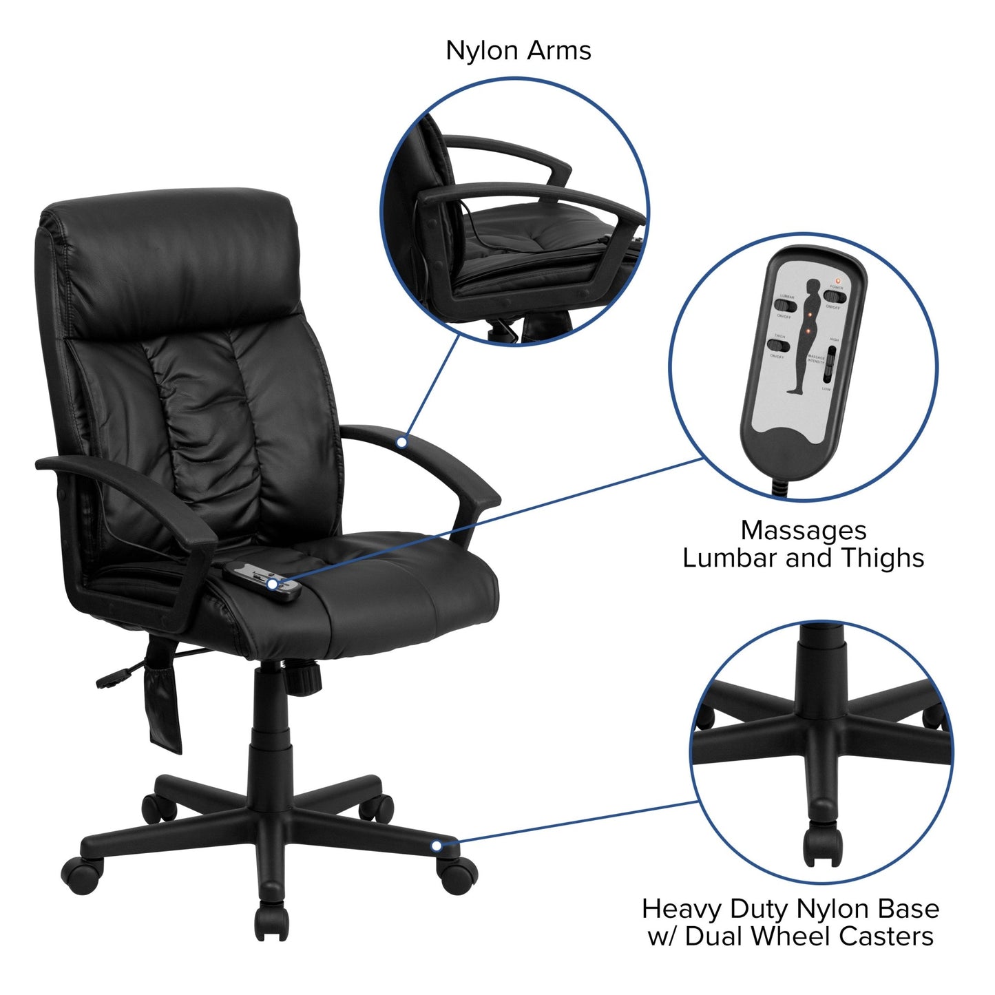 Sumter High Back Ergonomic Massaging Black LeatherSoft Executive Swivel Office Chair with Side Remote Pocket and Arms by Flash Furniture - SchoolOutlet