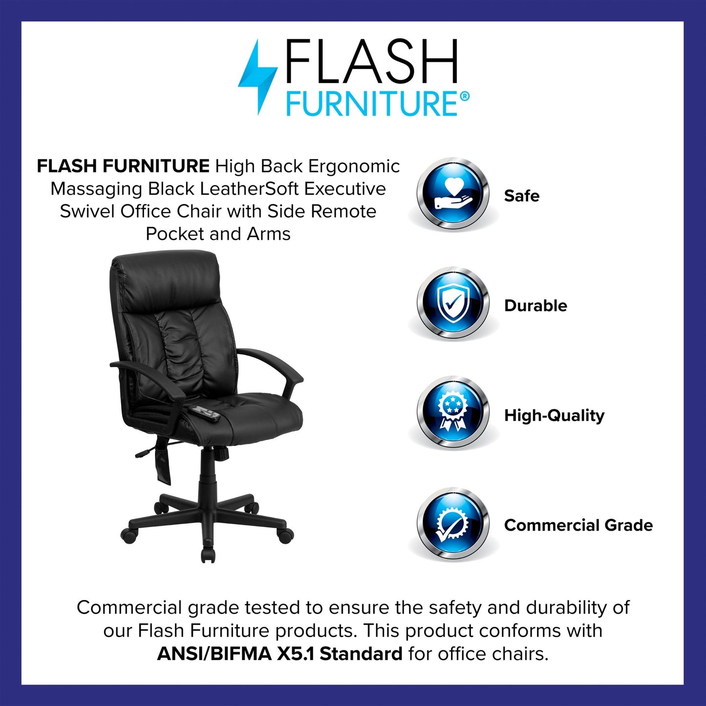 Sumter High Back Ergonomic Massaging Black LeatherSoft Executive Swivel Office Chair with Side Remote Pocket and Arms by Flash Furniture - SchoolOutlet