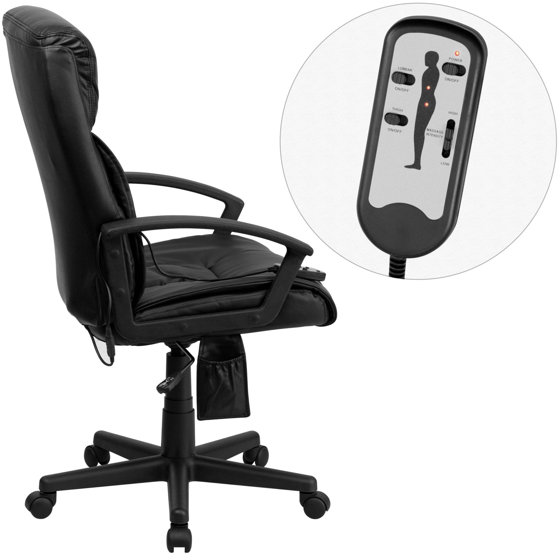 Sumter High Back Ergonomic Massaging Black LeatherSoft Executive Swivel Office Chair with Side Remote Pocket and Arms by Flash Furniture - SchoolOutlet