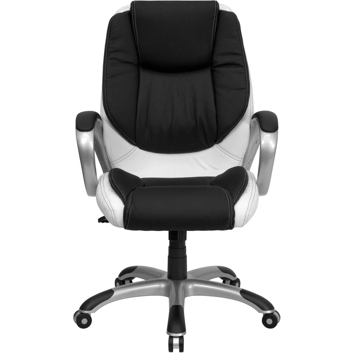 Executive Swivel Office Chair with Arms, Mid - Back Black and White LeatherSoft by Flash Furniture - SchoolOutlet