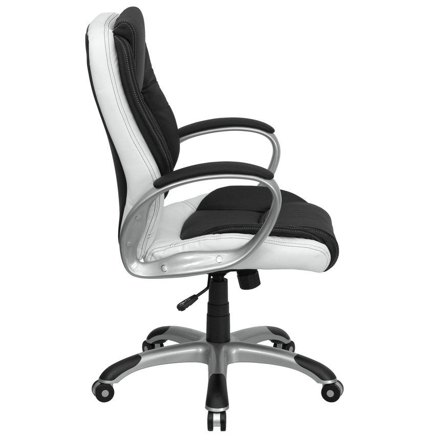 Executive Swivel Office Chair with Arms, Mid - Back Black and White LeatherSoft by Flash Furniture - SchoolOutlet