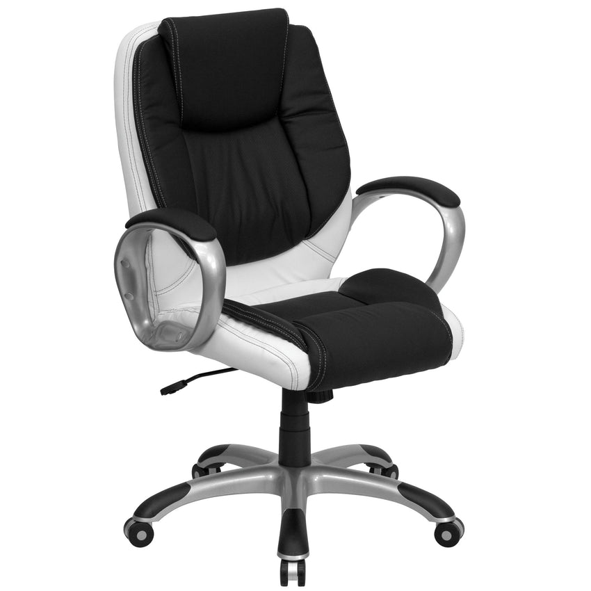 Executive Swivel Office Chair with Arms, Mid - Back Black and White LeatherSoft by Flash Furniture - SchoolOutlet