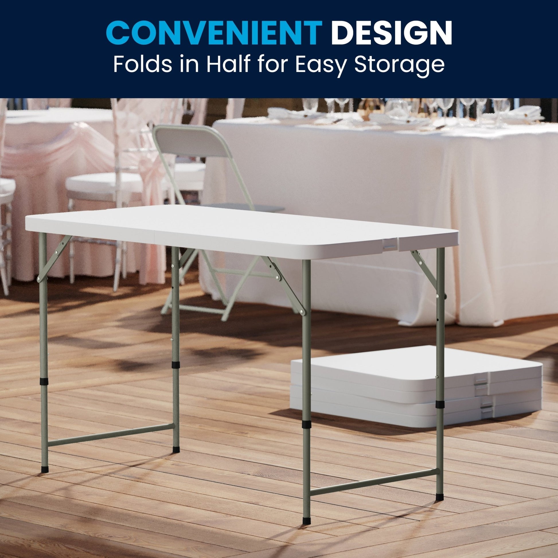 Elon 4 - Foot Bi - Fold Rectangular Plastic Folding Table for Banquet and Events with Adjustable Height - Granite White by Flash Furniture - SchoolOutlet