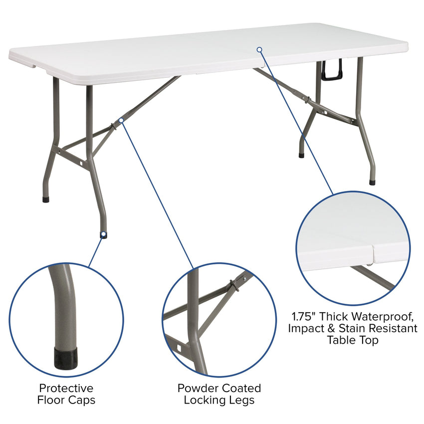 Elon 6 - Foot Bi - Fold Rectangular Plastic Folding Table for Banquet and Events with Carrying Handle - Granite White by Flash Furniture - SchoolOutlet