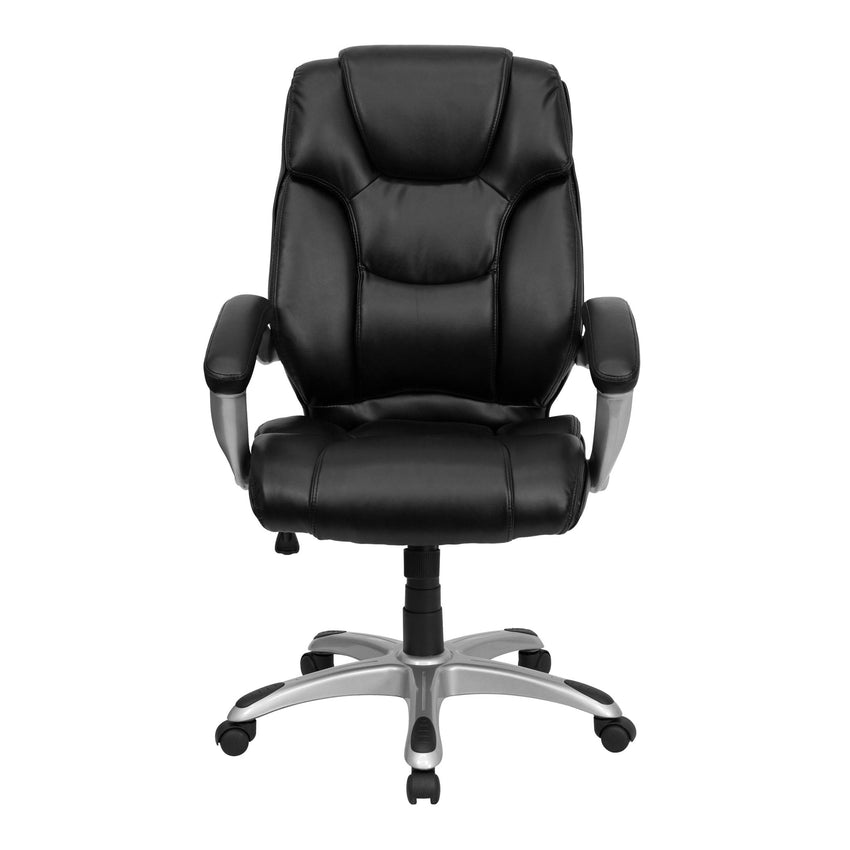 Heather Executive Swivel Ergonomic Office Chair with High Back Black LeatherSoft, Silver Nylon Base and Arms by Flash Furniture - SchoolOutlet