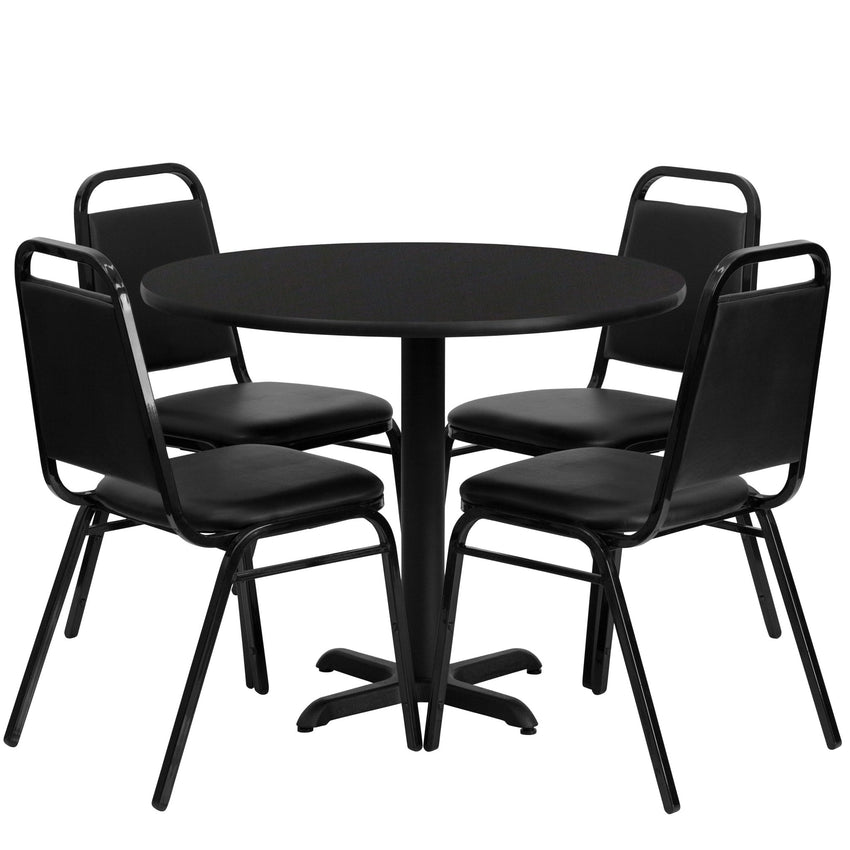 Carlton 36'' Round Laminate Table Set with X - Base and 4 Black Trapezoidal Back Banquet Chairs by Flash Furniture - SchoolOutlet