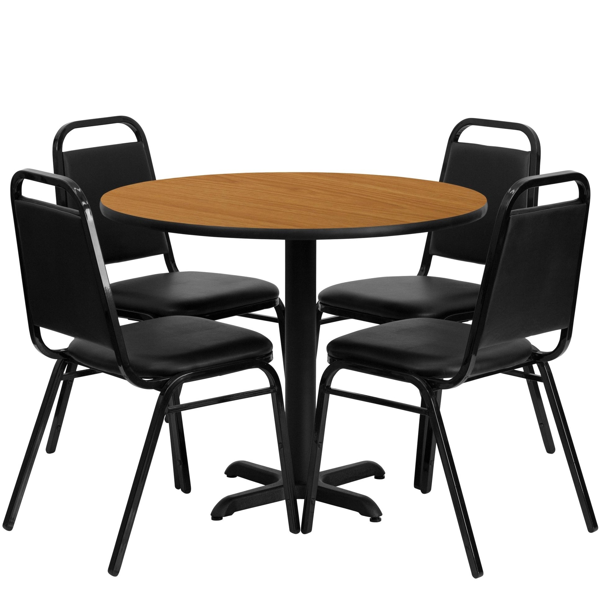 Carlton 36'' Round Laminate Table Set with X - Base and 4 Black Trapezoidal Back Banquet Chairs by Flash Furniture - SchoolOutlet