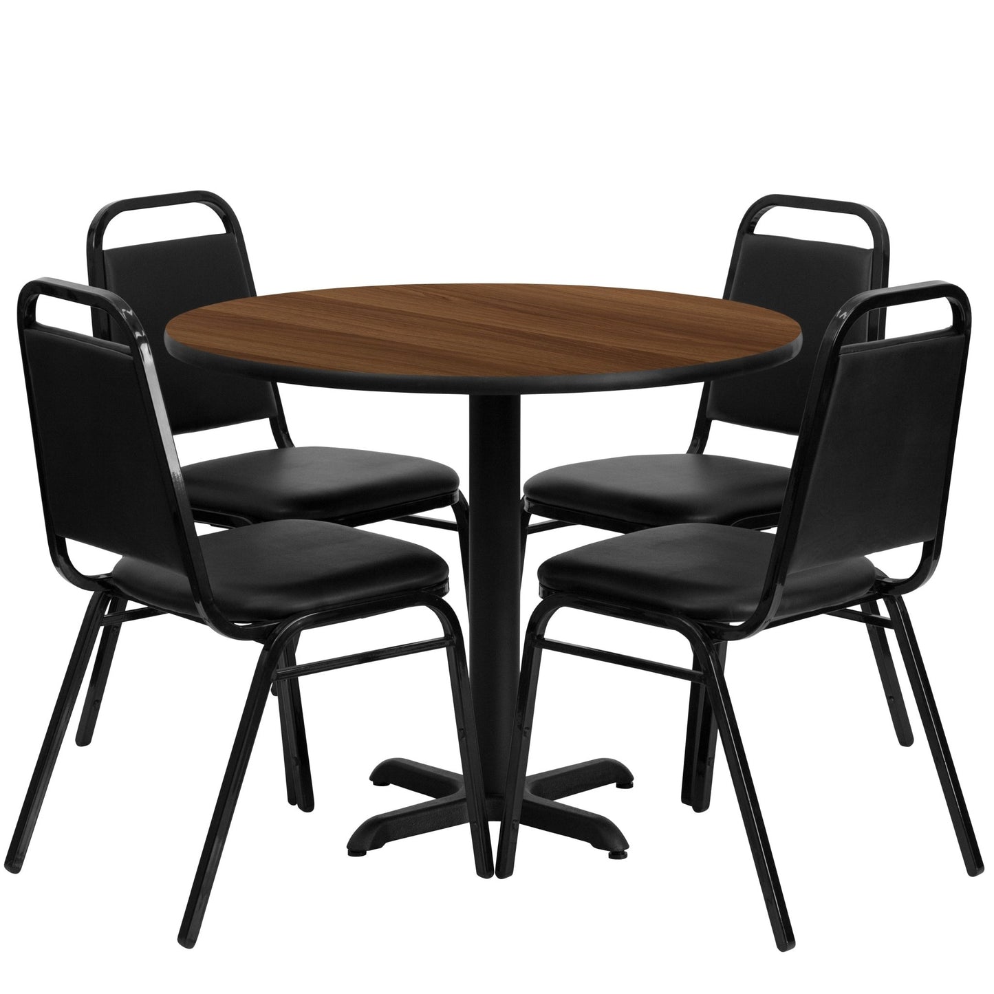 Carlton 36'' Round Laminate Table Set with X - Base and 4 Black Trapezoidal Back Banquet Chairs by Flash Furniture - SchoolOutlet