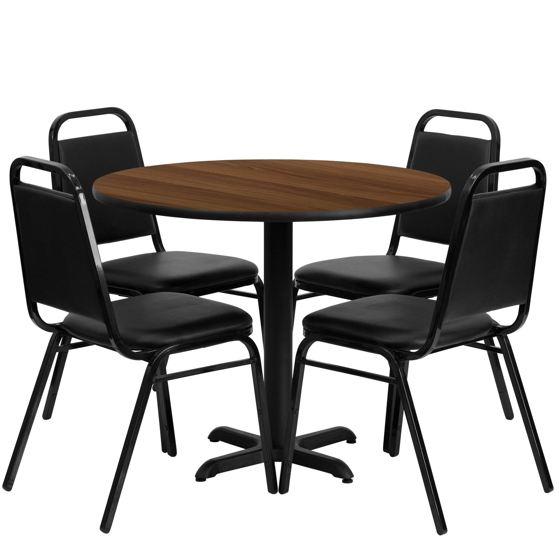 Carlton 36'' Round Laminate Table Set with X - Base and 4 Black Trapezoidal Back Banquet Chairs by Flash Furniture - SchoolOutlet